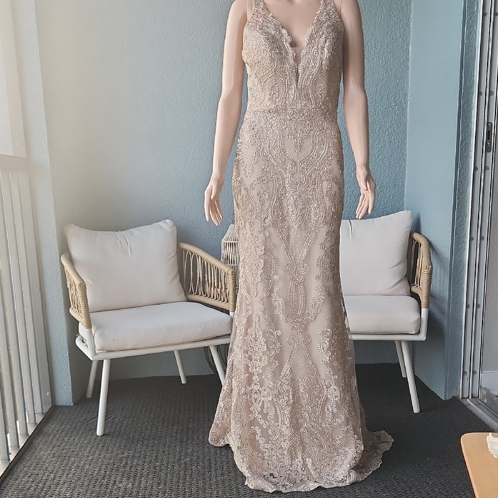 Elegant Lace Beaded V-Neck Evening Gown in Champagne